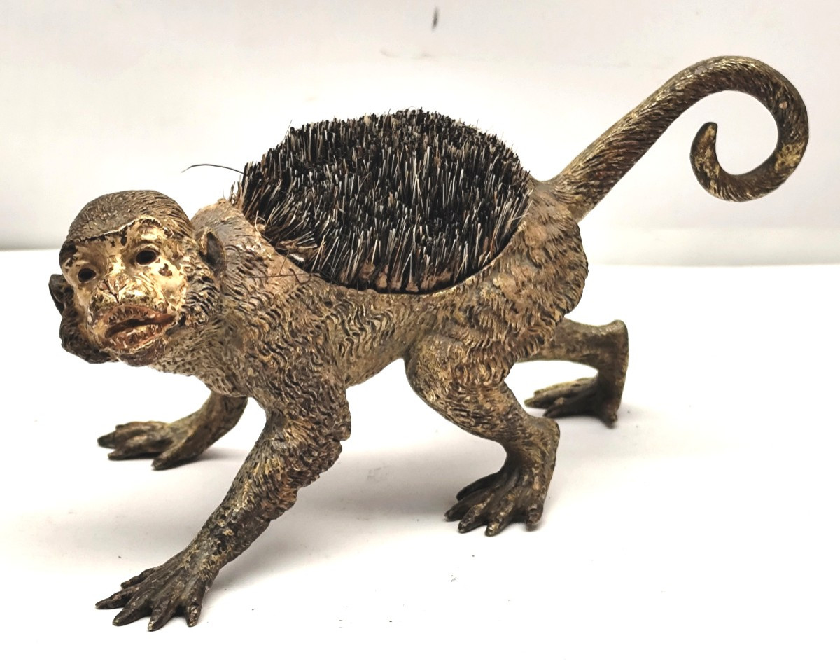 Painted Vienna Bronze Monkey , Marked, 19th Century, Pen Wiper