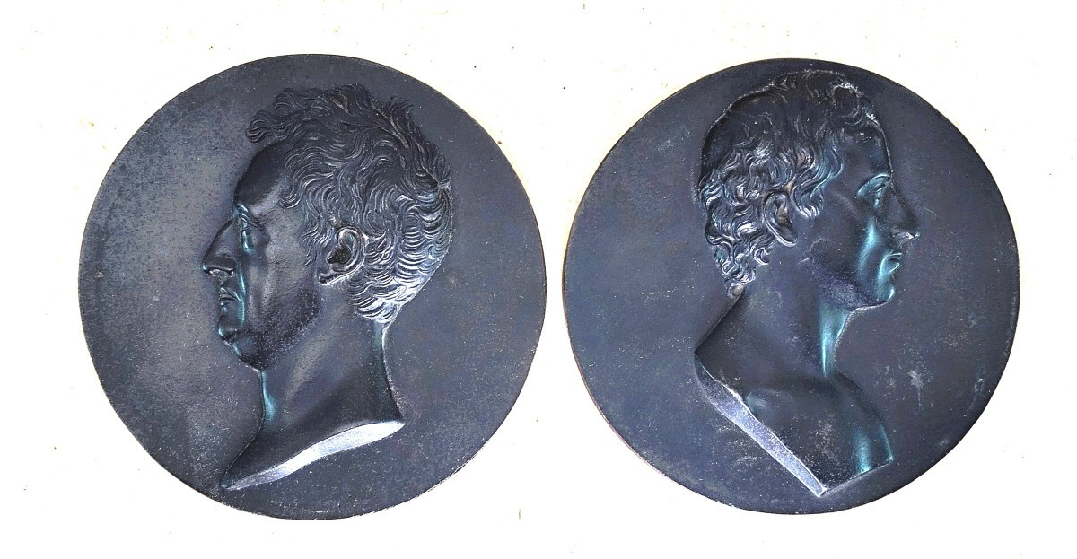 Berlin Foundry, 2 Beautiful Plaques: Goethe And Schiller, Early 19th Century, Good Condition