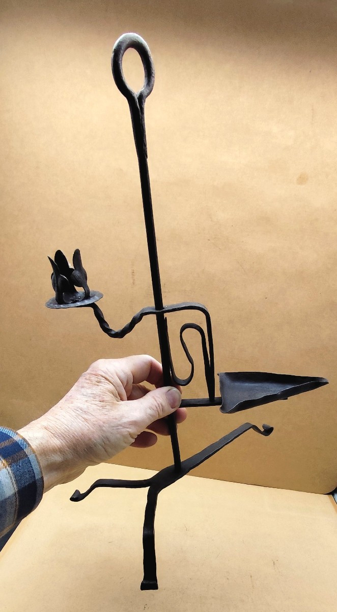 Belle lampe coulissante fer forgé, bougie et huile, Forge fine, 18-19e siècle-photo-2