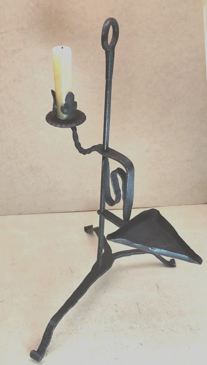 Belle lampe coulissante fer forgé, bougie et huile, Forge fine, 18-19e siècle-photo-3