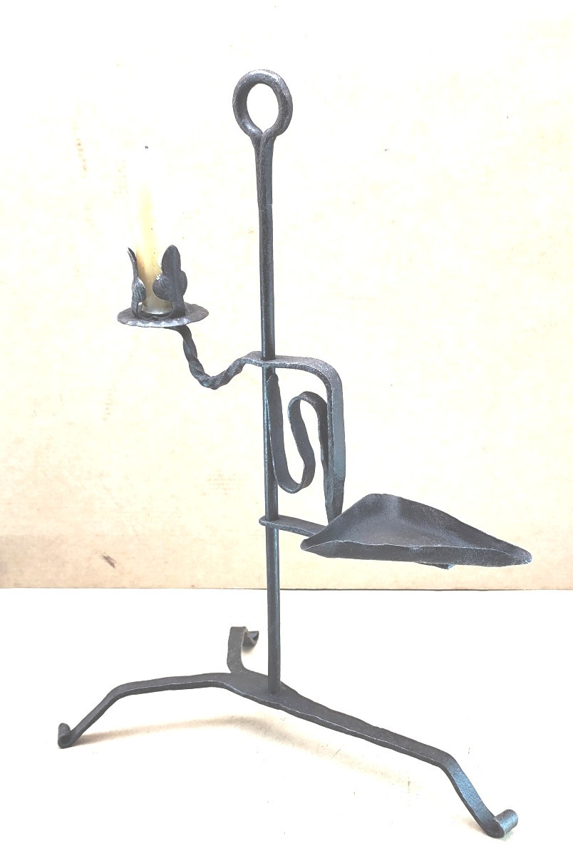 Belle lampe coulissante fer forgé, bougie et huile, Forge fine, 18-19e siècle