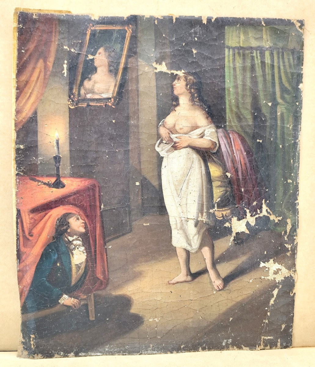 Qu’ils sont jolis ! Toile libertine époque Directoire, à restaurer…