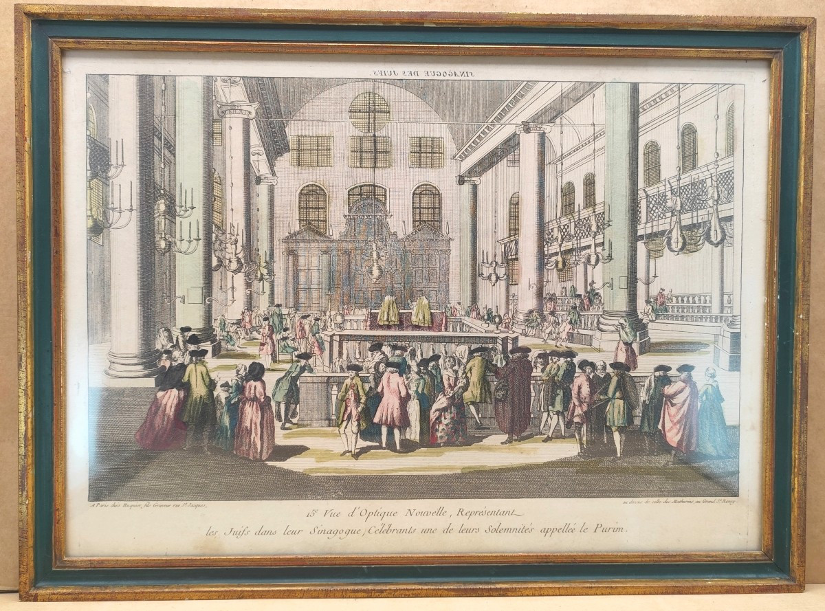 Gravure rare : Paris, vers 1750 : les Juifs célébrant le Pourim à la Synagogue