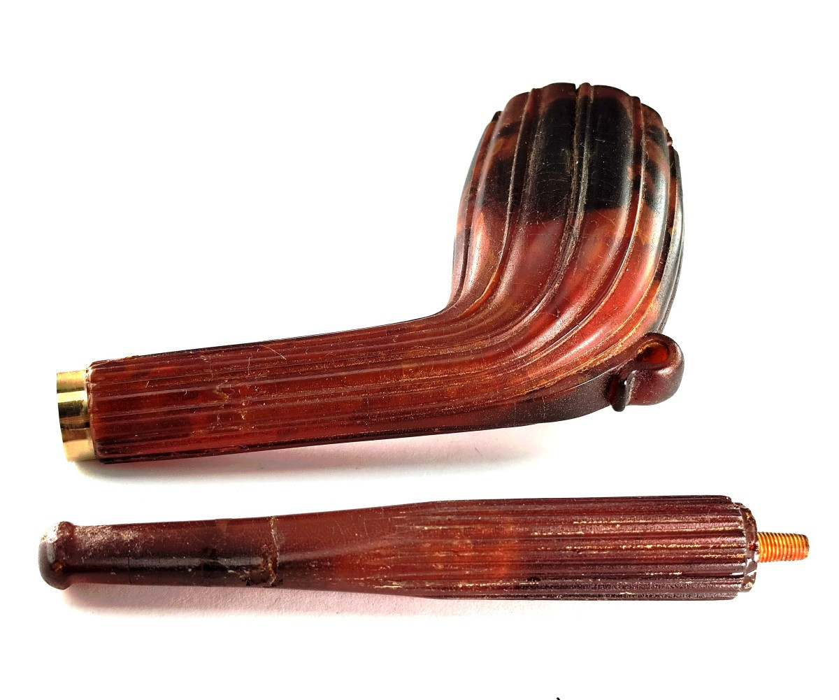 Très rare Pipe Ambre rouge de la Baltique, fourneau et tuyau, 19e, incomplète-photo-6