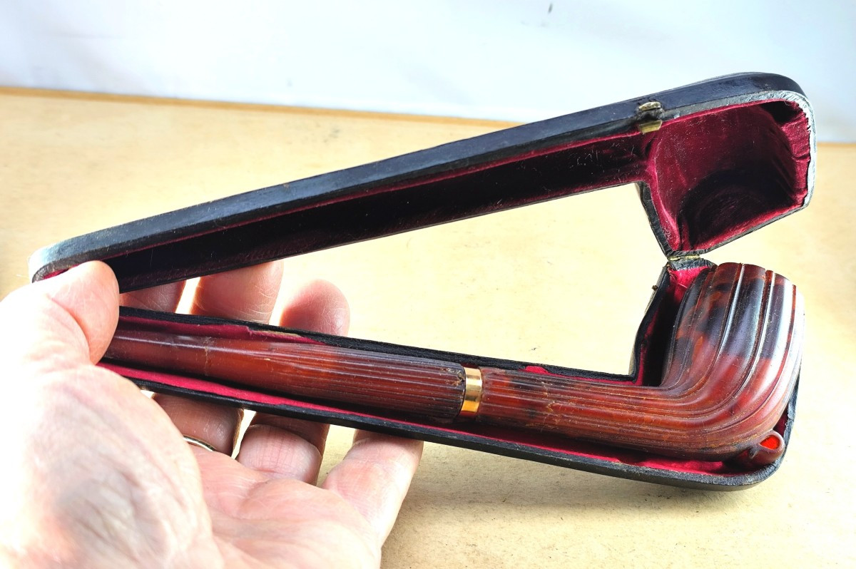 Très rare Pipe Ambre rouge de la Baltique, fourneau et tuyau, 19e, incomplète-photo-7