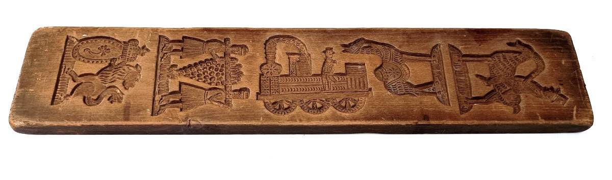 Large Gingerbread Mold 63cm, Circa 1840, Carved Wood With Locomotive! -photo-2
