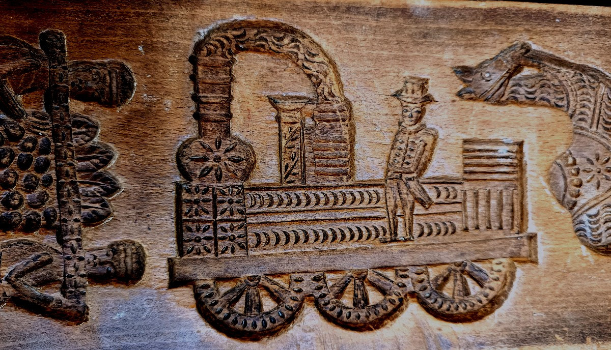 Large Gingerbread Mold 63cm, Circa 1840, Carved Wood With Locomotive! -photo-4