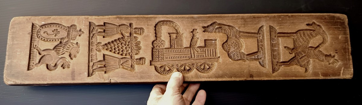 Large Gingerbread Mold 63cm, Circa 1840, Carved Wood With Locomotive! -photo-3