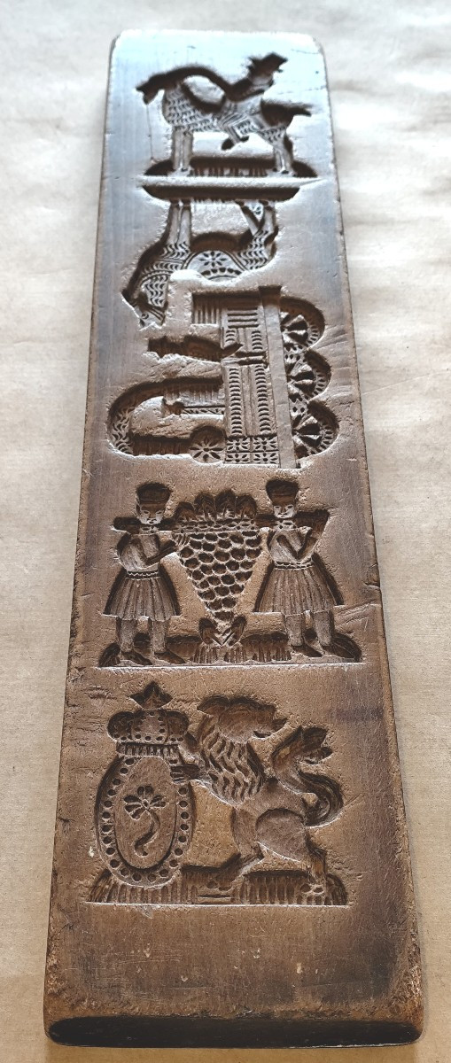 Large Gingerbread Mold 63cm, Circa 1840, Carved Wood With Locomotive! 