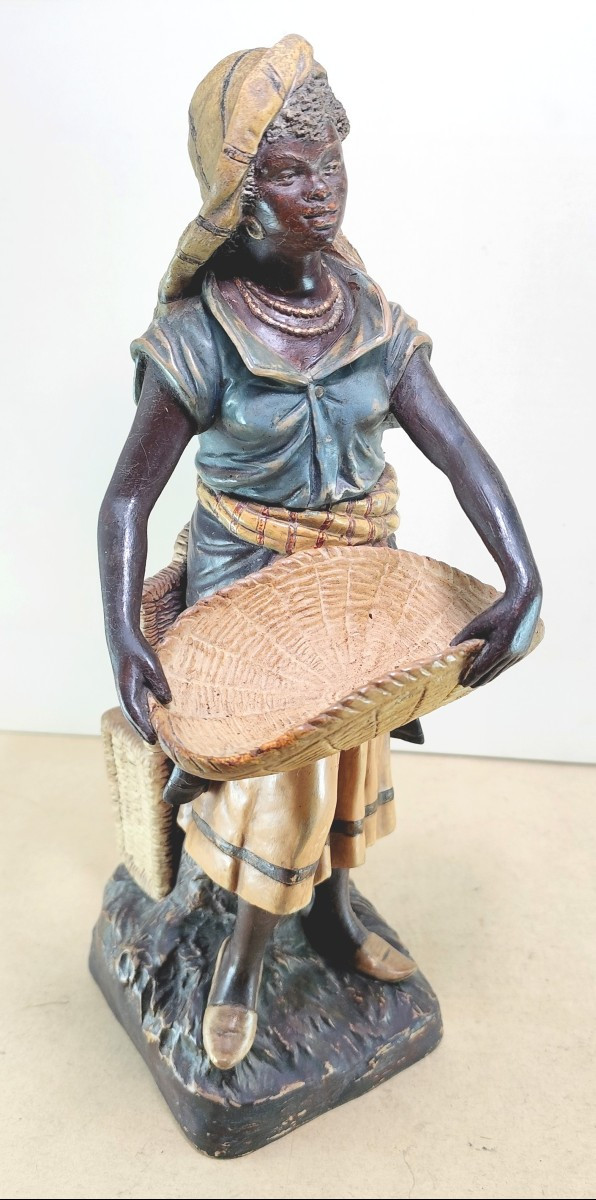 Africana: Belle marchande aux paniers, Terre cuite peinte de B.Bloch, signée -photo-3