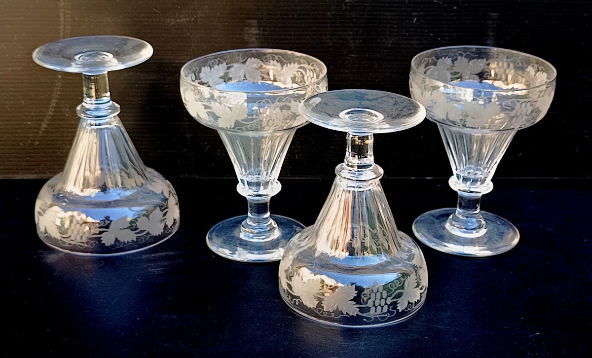 Champagne :  4 beaux verres cristal gravé, vers 1900-photo-2