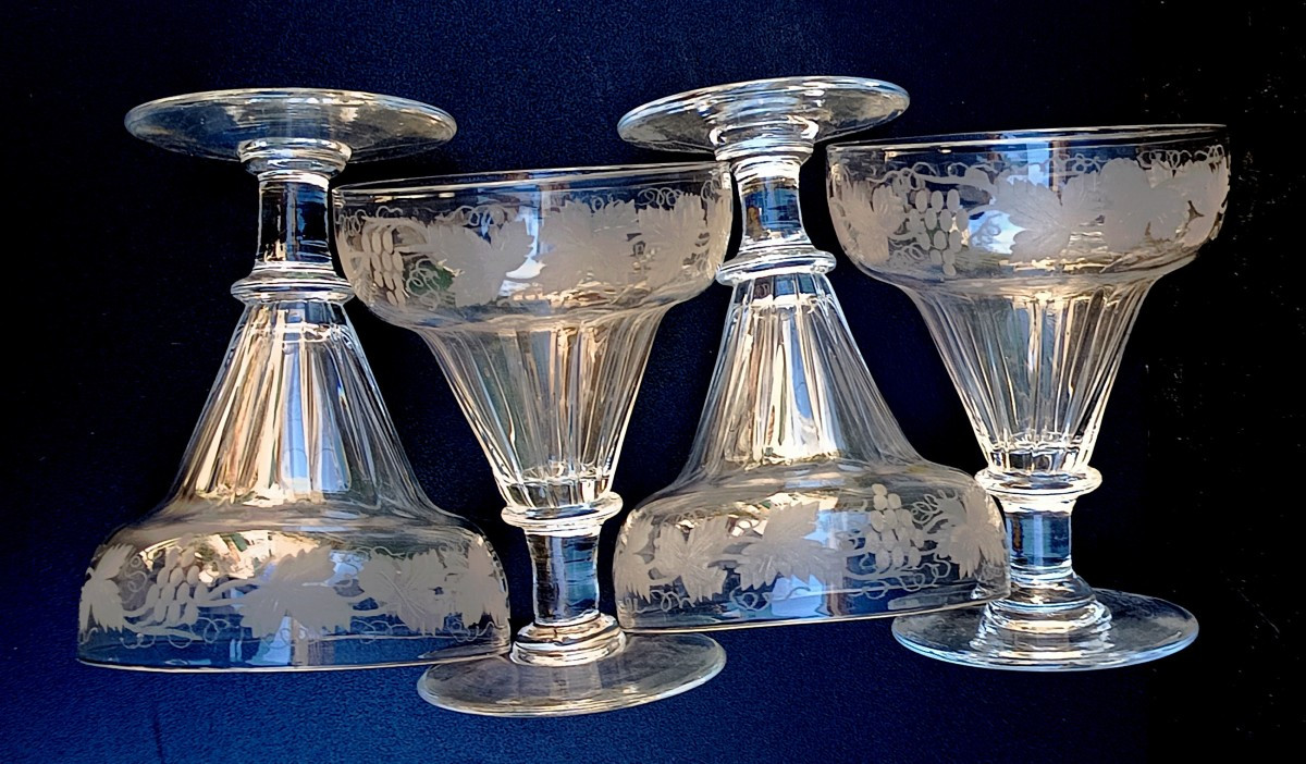 Champagne :  4 beaux verres cristal gravé, vers 1900-photo-4