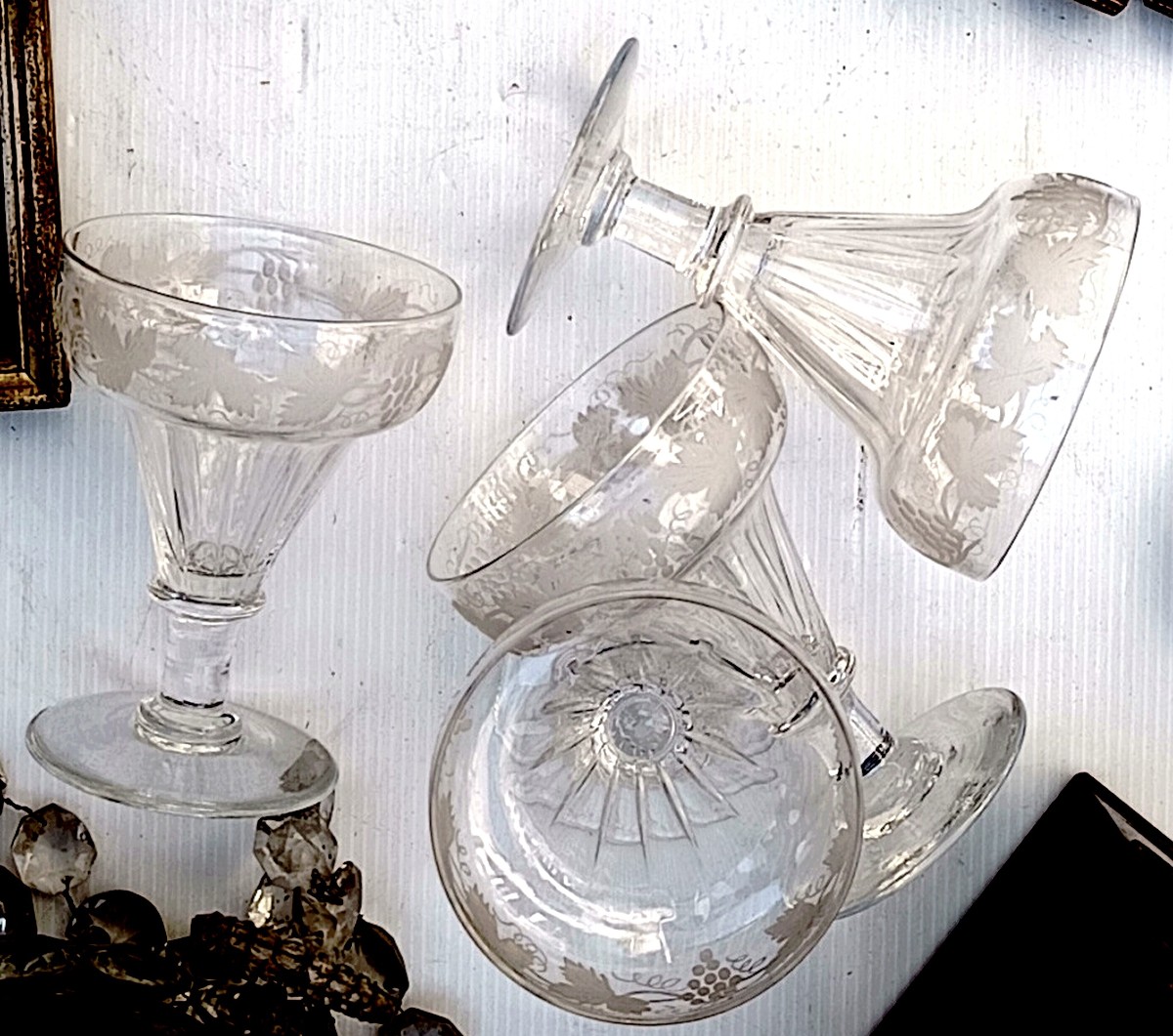 Champagne :  4 beaux verres cristal gravé, vers 1900-photo-2