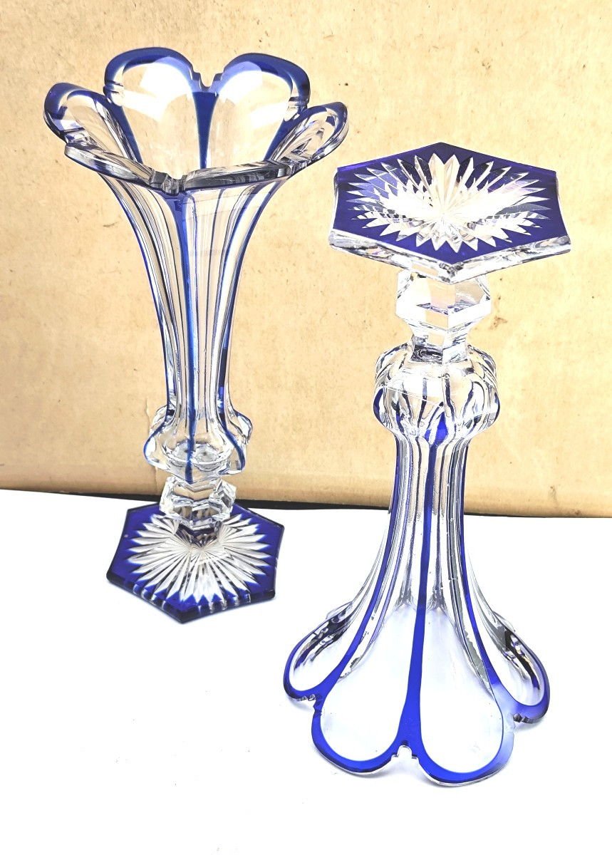 Saint Louis, Two Blue-lined Crystal Flute Vases, Good Condition-photo-2