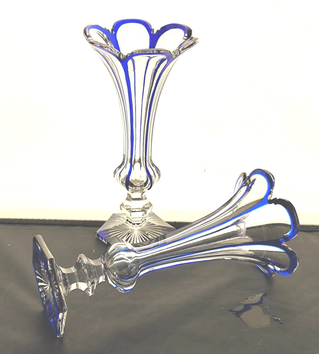 Saint Louis, Two Blue-lined Crystal Flute Vases, Good Condition-photo-1