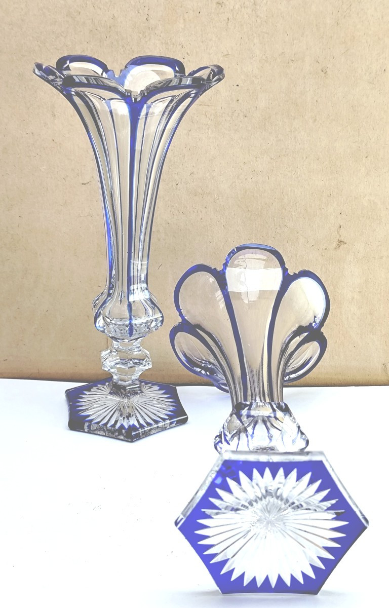 Saint Louis, Two Blue-lined Crystal Flute Vases, Good Condition