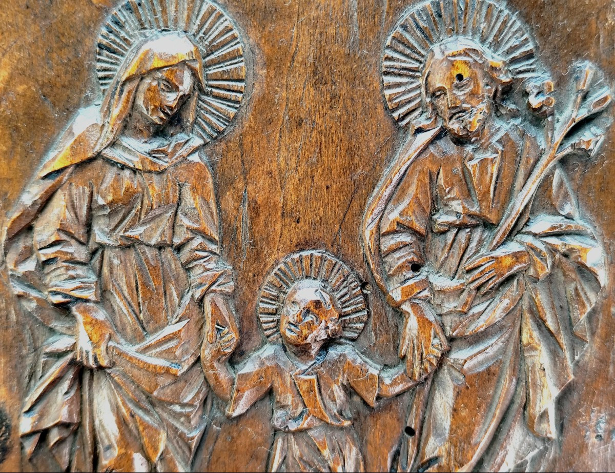 The Holy Family, Carved Wood Icon, Folk Art And Religious Art 18th-19th Century-photo-2
