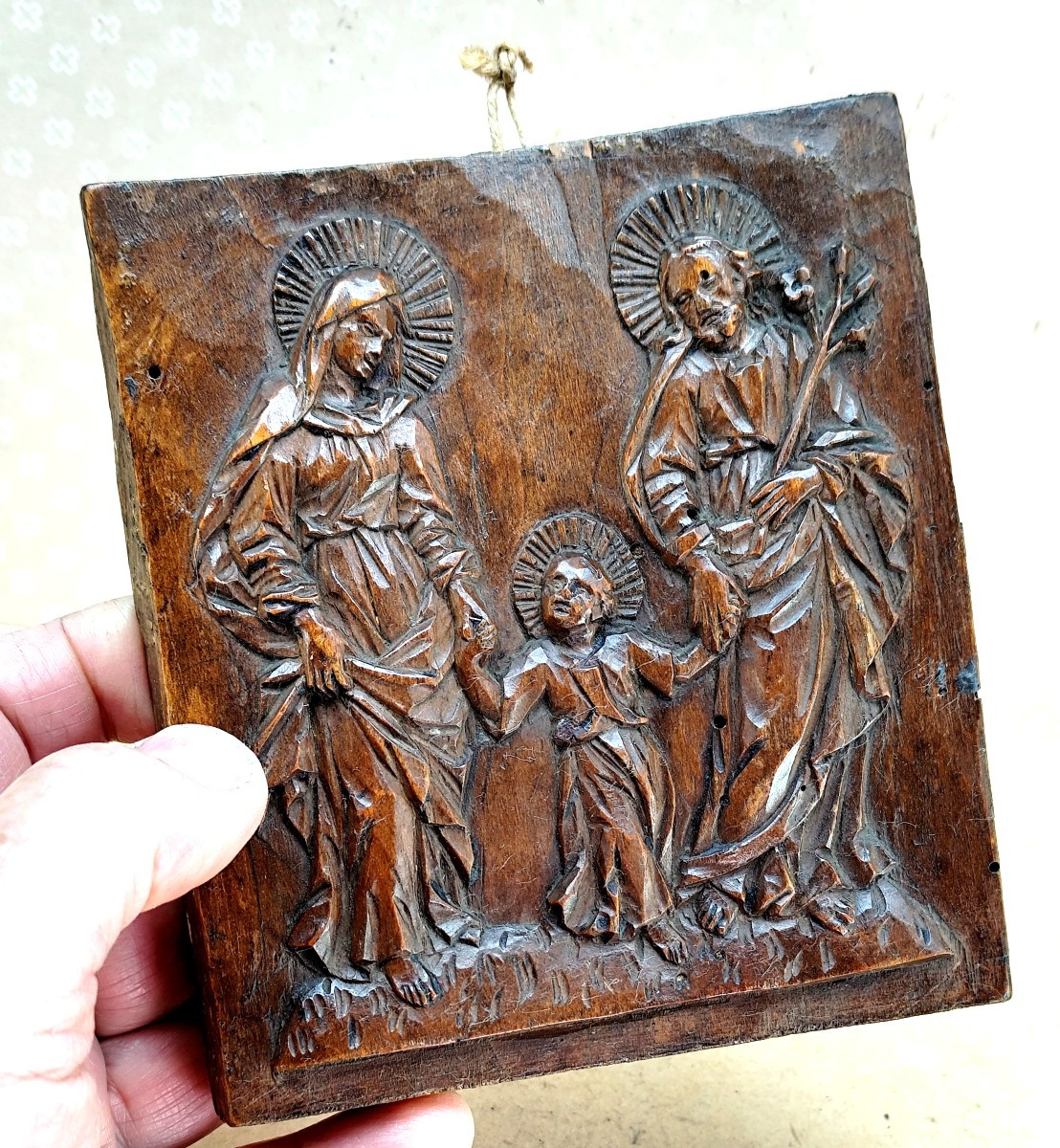 The Holy Family, Carved Wood Icon, Folk Art And Religious Art 18th-19th Century-photo-3