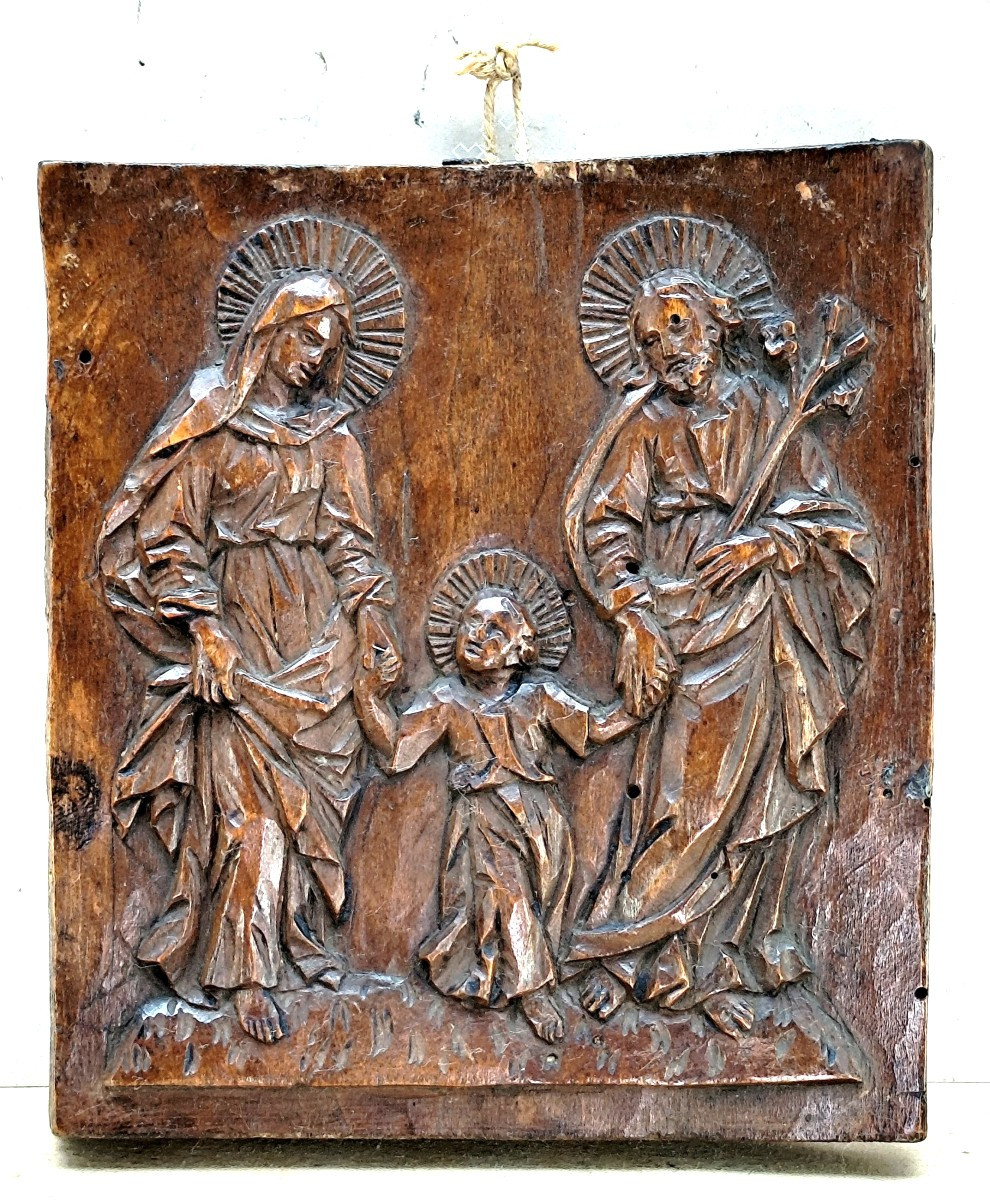 The Holy Family, Carved Wood Icon, Folk Art And Religious Art 18th-19th Century-photo-1