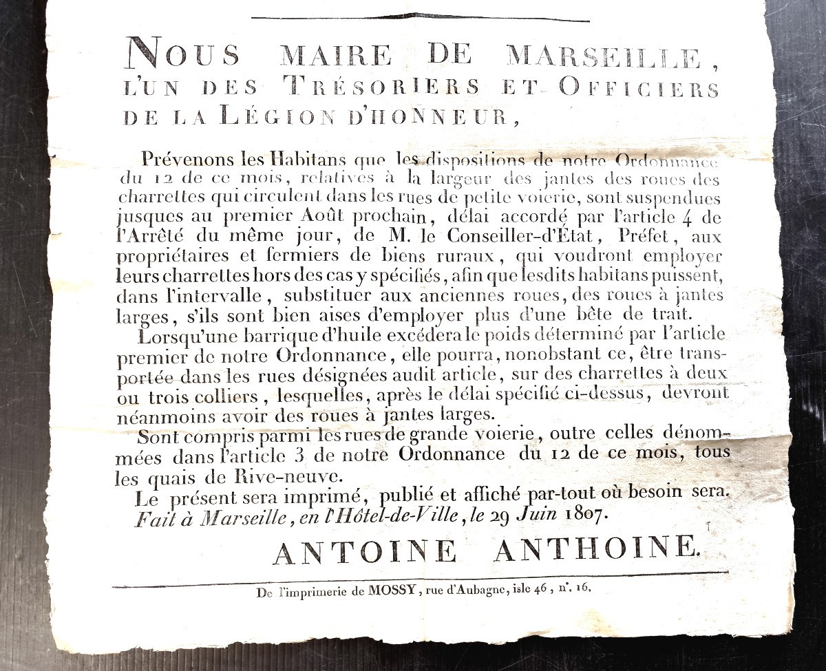 Avis Aux Voituriers, Original Poster, Marseille, 1807, Good Condition-photo-2