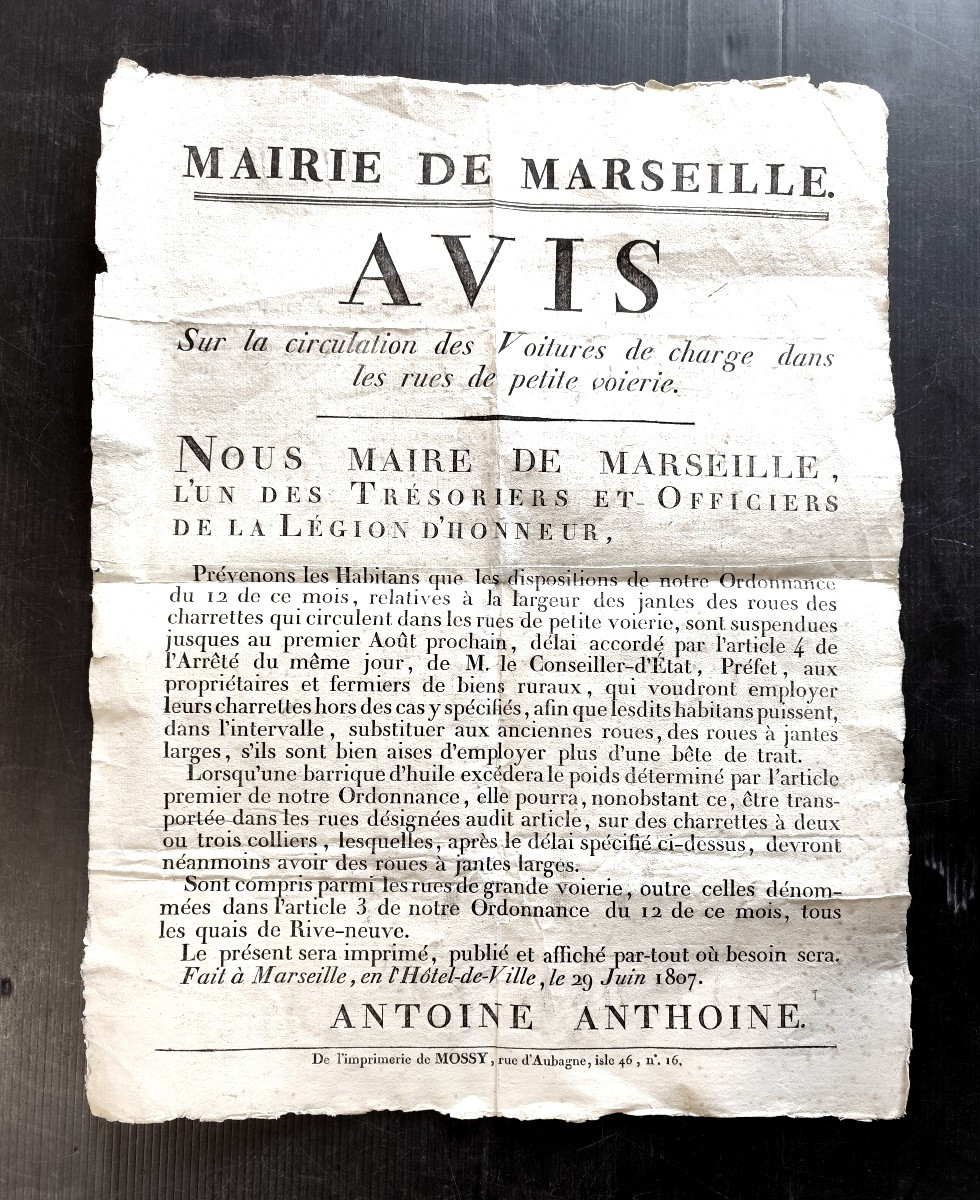 Avis Aux Voituriers, Original Poster, Marseille, 1807, Good Condition