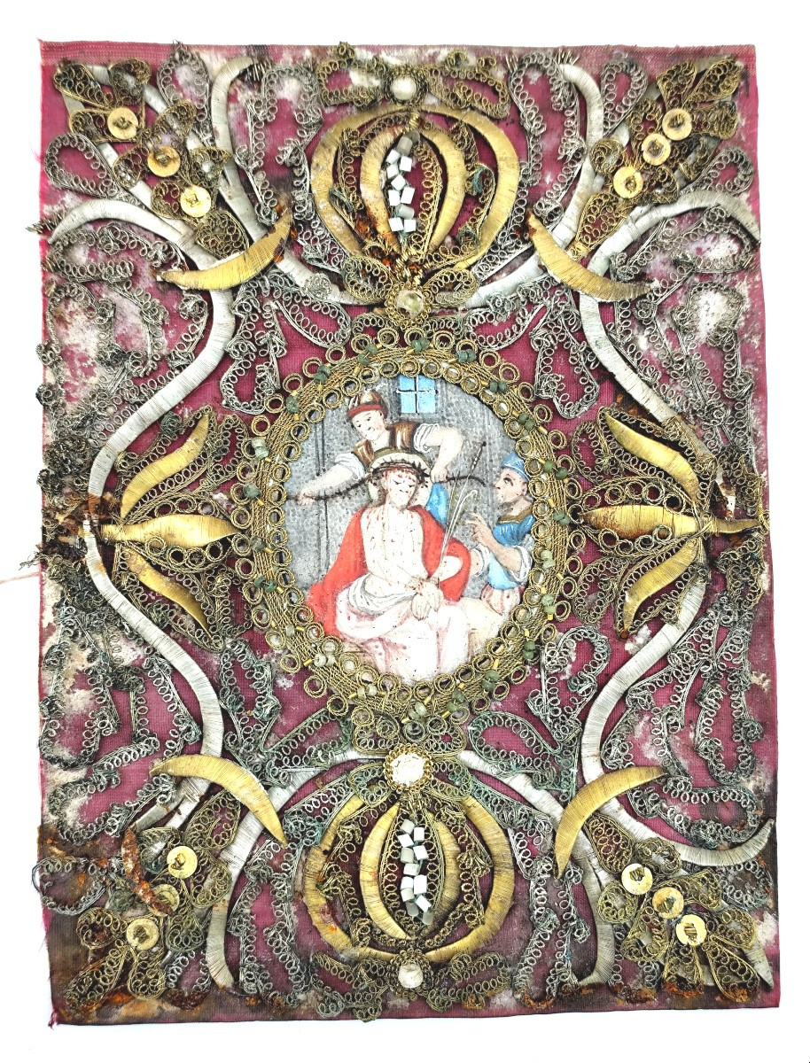 Monastic Art: 18th Century, Ecce Homo, Painted On Parchment, Rich Dorloterie-photo-2