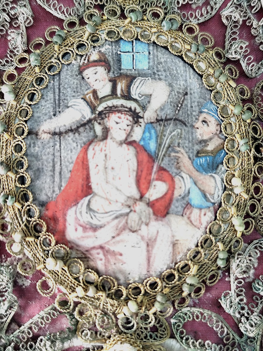 Monastic Art: 18th Century, Ecce Homo, Painted On Parchment, Rich Dorloterie