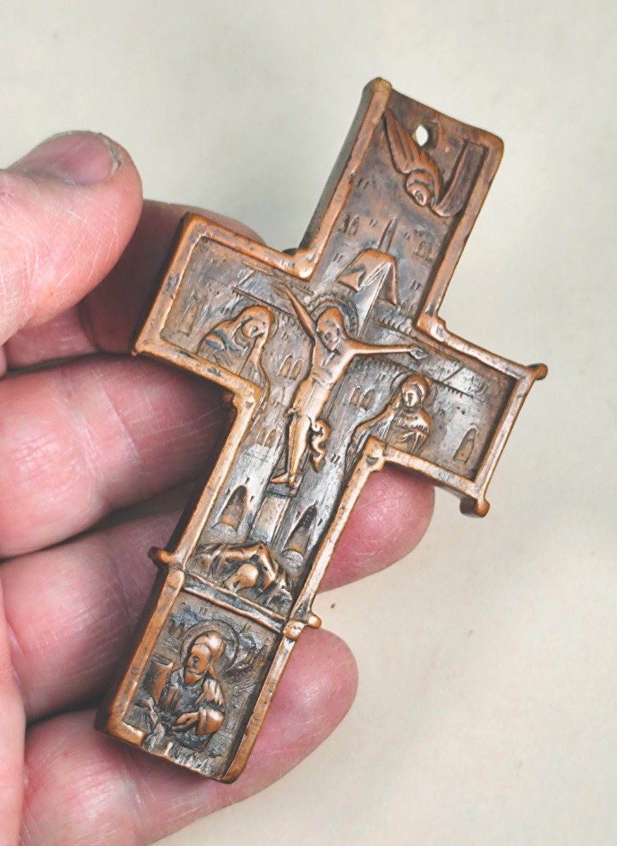 Croix Pectorale Russe, 17-18e siècle en bois de buis sculpté, usée… Orthodoxe.-photo-3