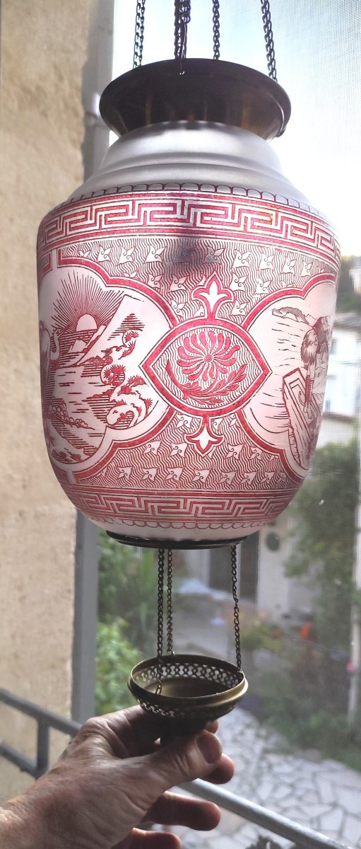 Japonisme : Lanterne verre gravé à l’acide, fin 19e, bel état-photo-2