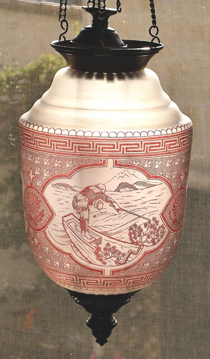 Japonisme : Lanterne verre gravé à l’acide, fin 19e, bel état-photo-4