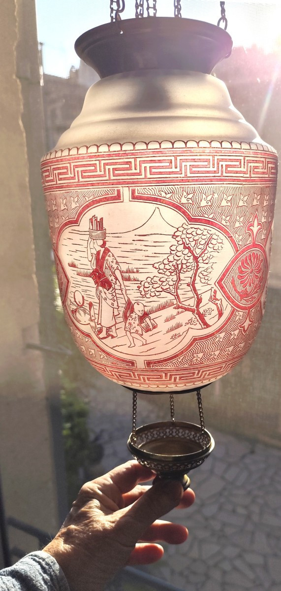 Japonisme : Lanterne verre gravé à l’acide, fin 19e, bel état-photo-3