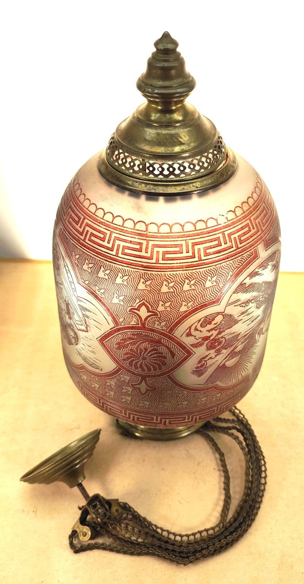 Japonisme : Lanterne verre gravé à l’acide, fin 19e, bel état-photo-4