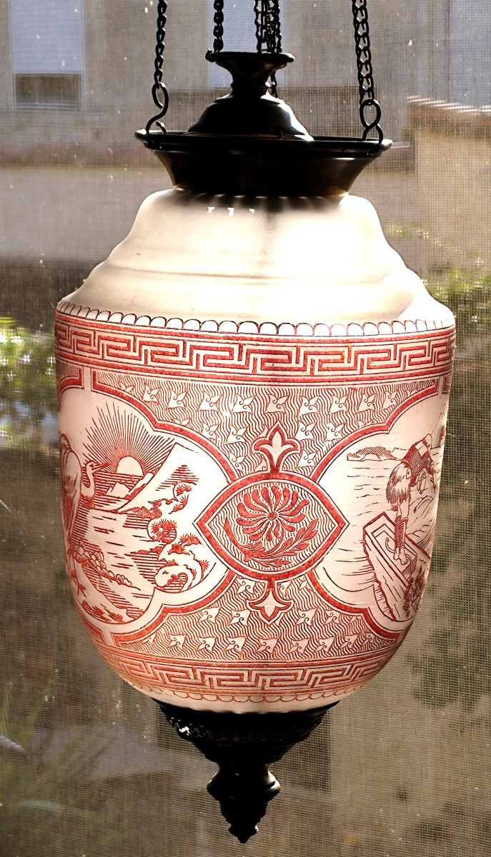 Japonisme : Lanterne verre gravé à l’acide, fin 19e, bel état