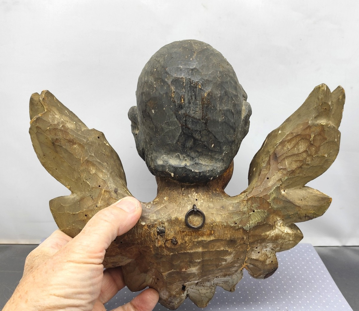 Chérubin Bois sculpté et peint, 18 ou 19e siècle, charmant visage ancien-photo-2