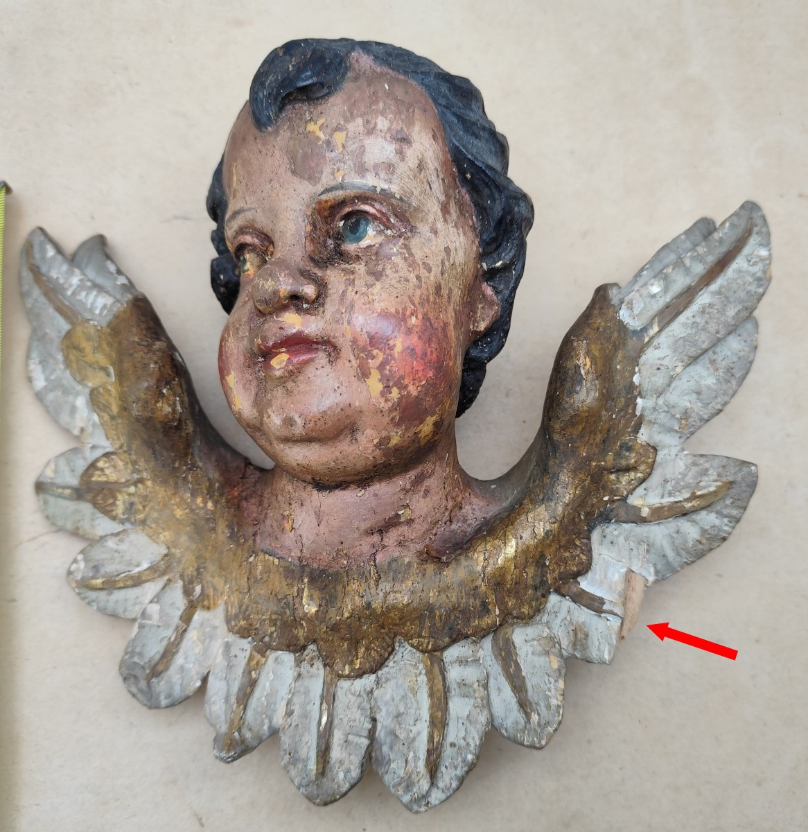 Chérubin Bois sculpté et peint, 18 ou 19e siècle, charmant visage ancien-photo-3