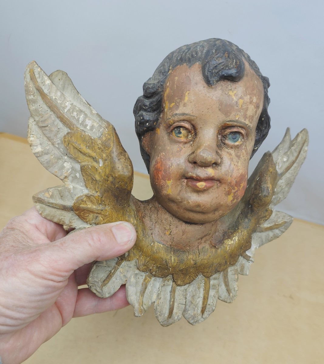 Chérubin Bois sculpté et peint, 18 ou 19e siècle, charmant visage ancien-photo-4
