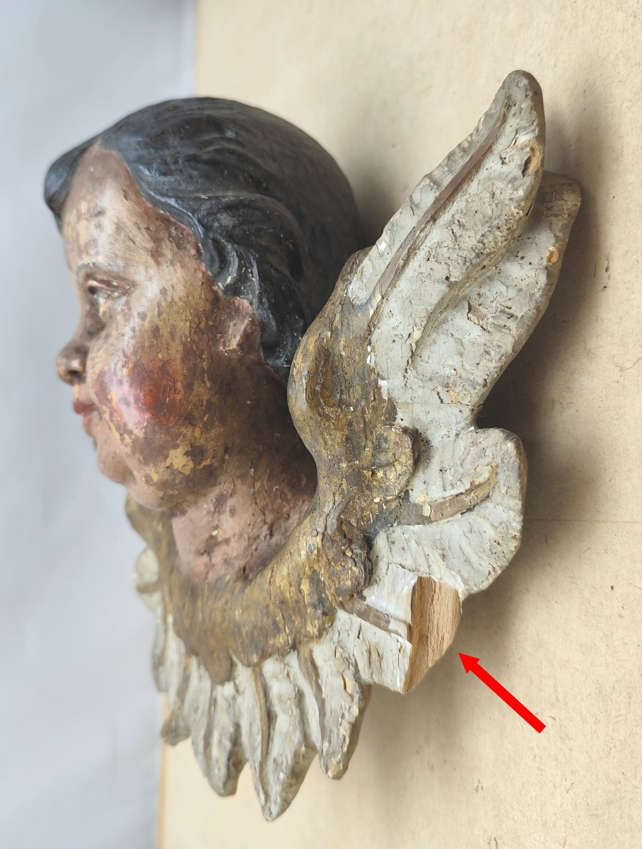 Chérubin Bois sculpté et peint, 18 ou 19e siècle, charmant visage ancien-photo-2