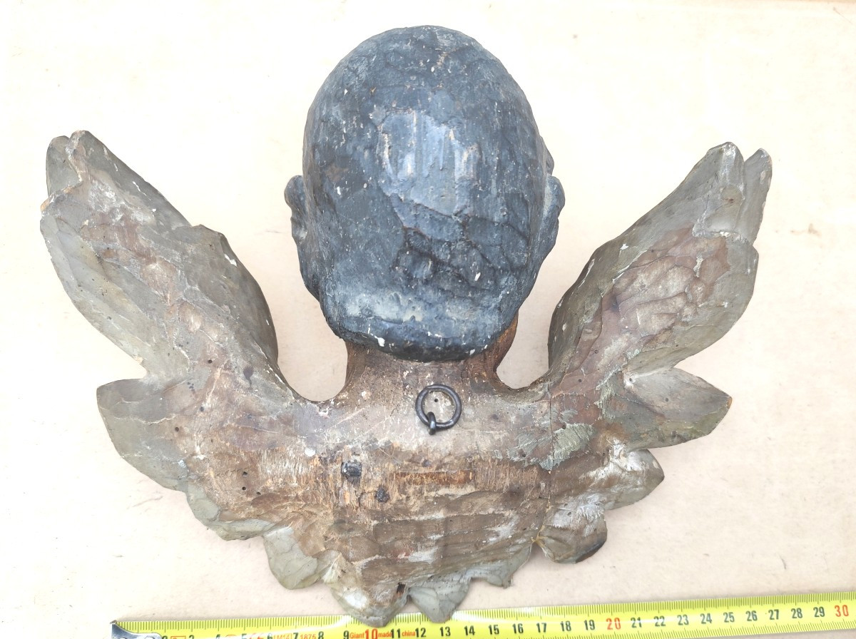 Chérubin Bois sculpté et peint, 18 ou 19e siècle, charmant visage ancien-photo-3