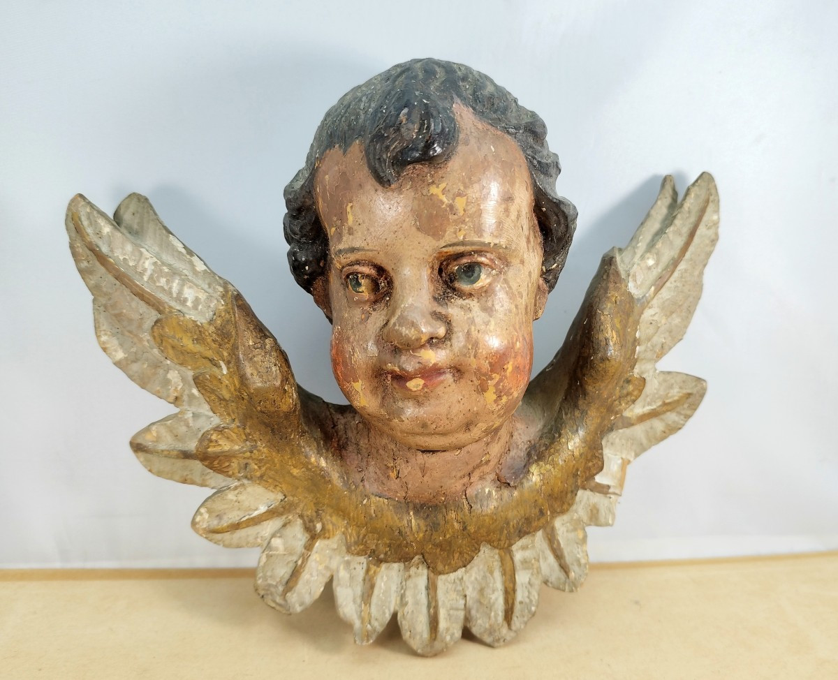 Chérubin Bois sculpté et peint, 18 ou 19e siècle, charmant visage ancien-photo-4