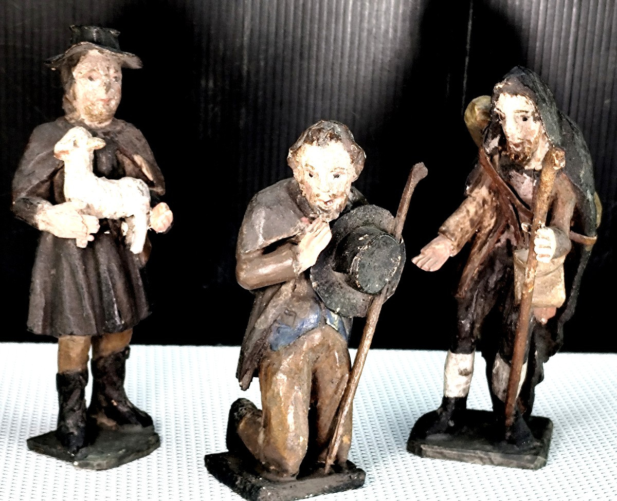 Three Brave Santons In Carved And Painted Wood - Primitive, XVIIIᵉ-xixᵉ Century