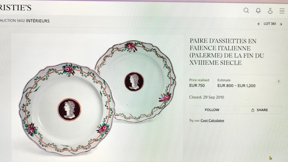 Faïence Italie XVIIIe, Palerme, paire d’assiettes au profil Romain-photo-4