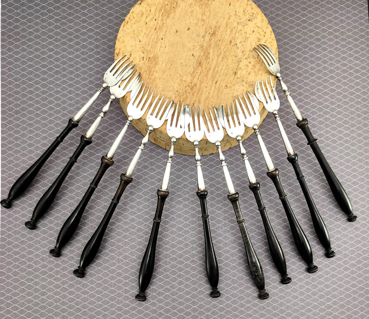 Turned Ebony And Silver Oyster Forks, Hallmarked, Circa 1825