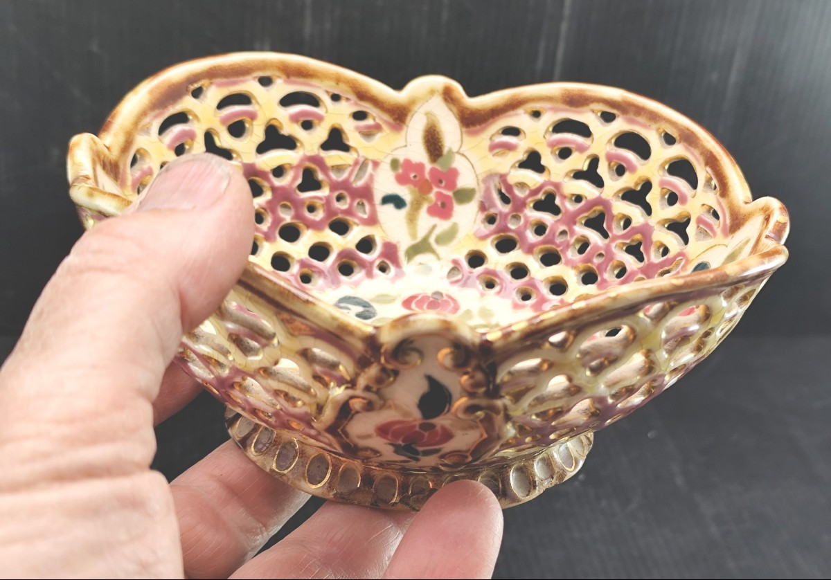 Zsolnay, Art Nouveau Hongrois, coupe polychrome réticulée-photo-3
