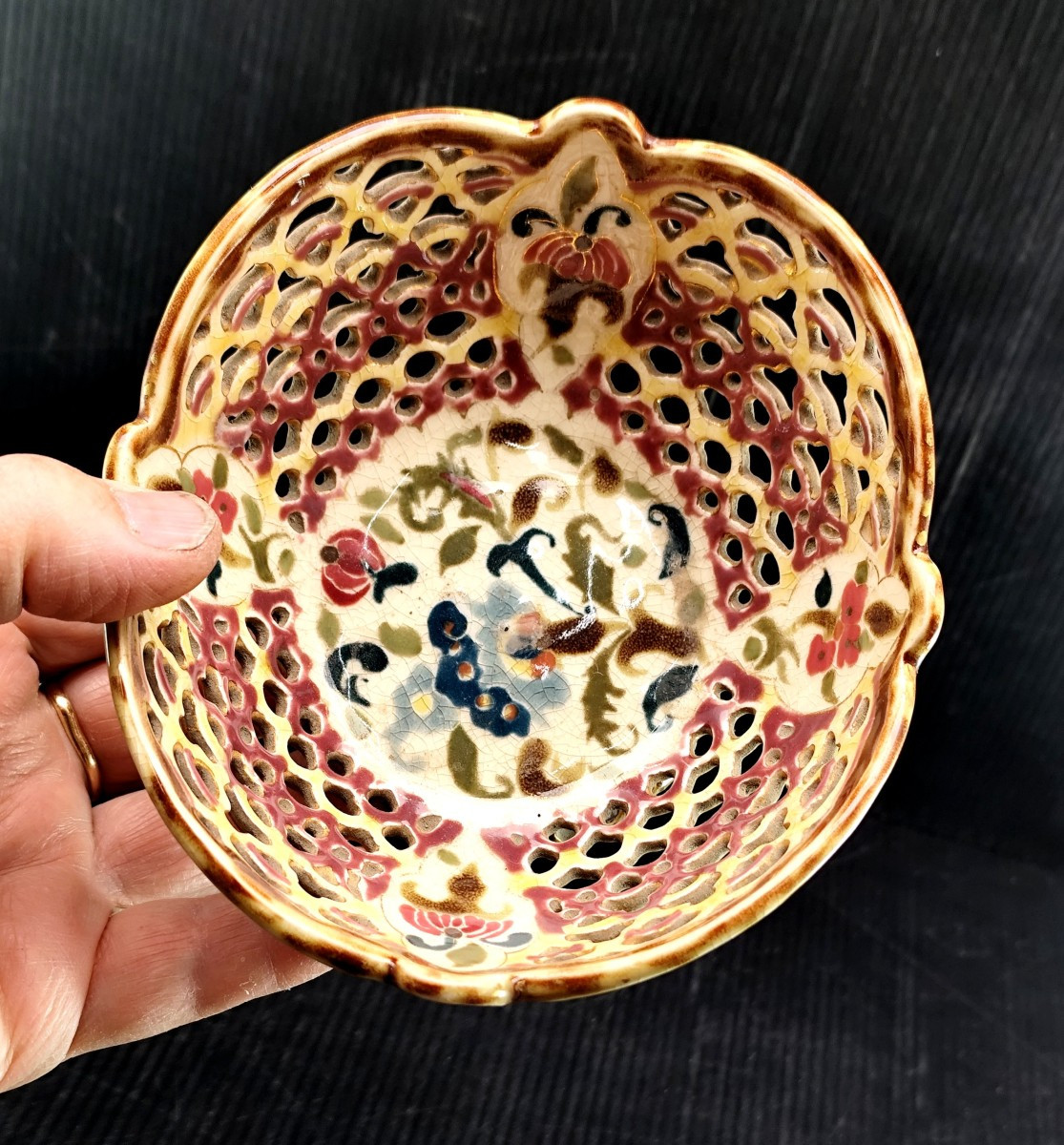 Zsolnay, Art Nouveau Hongrois, coupe polychrome réticulée-photo-4