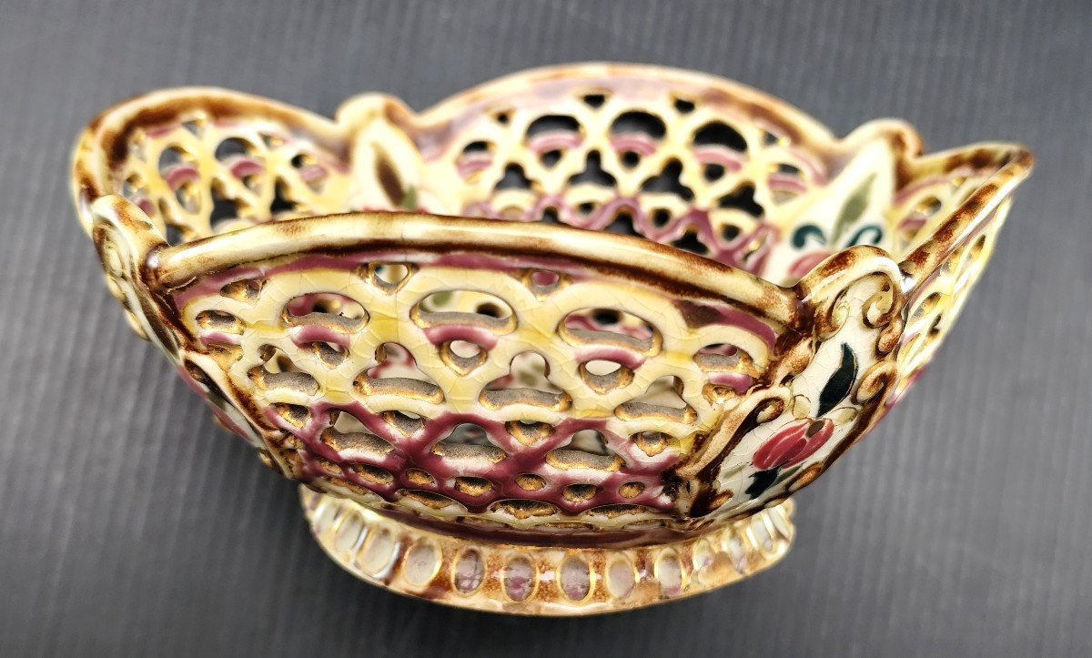 Zsolnay, Art Nouveau Hongrois, coupe polychrome réticulée-photo-1