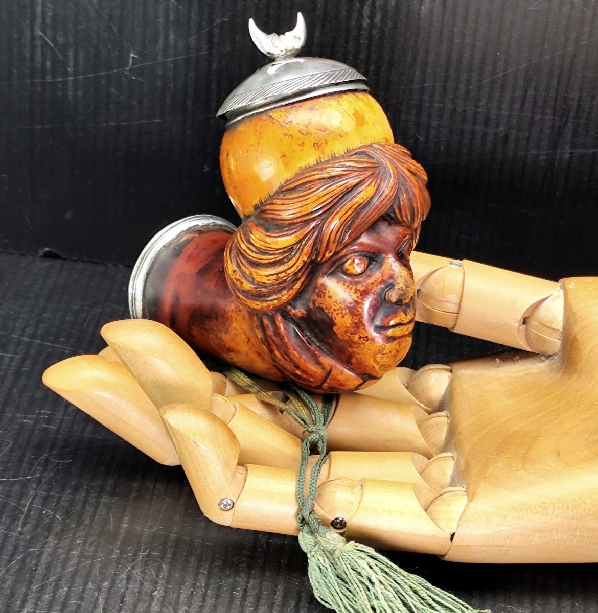 Belle tête de pipe écume patinée et argent, vers 1830, Janissaire au turban-photo-4