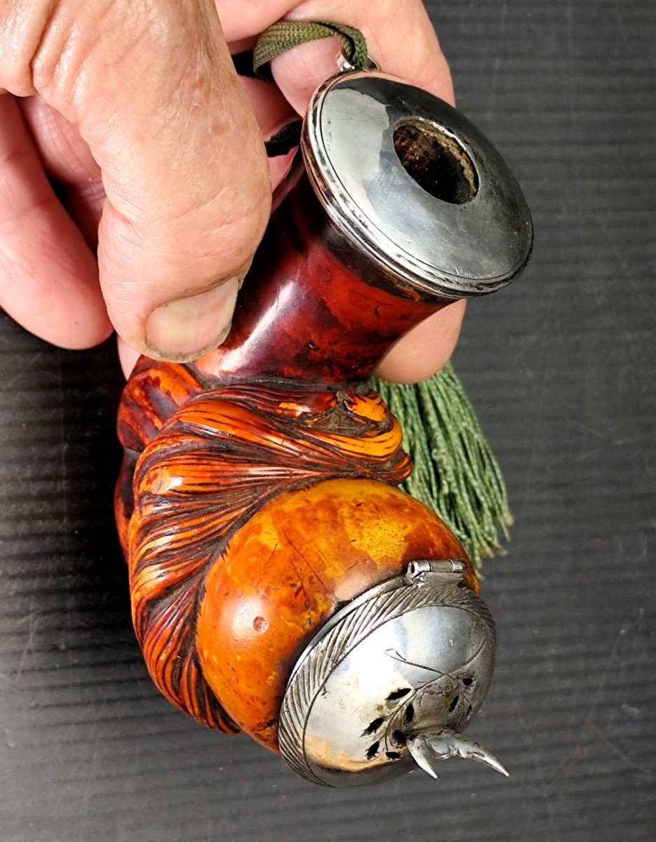 Belle tête de pipe écume patinée et argent, vers 1830, Janissaire au turban-photo-5