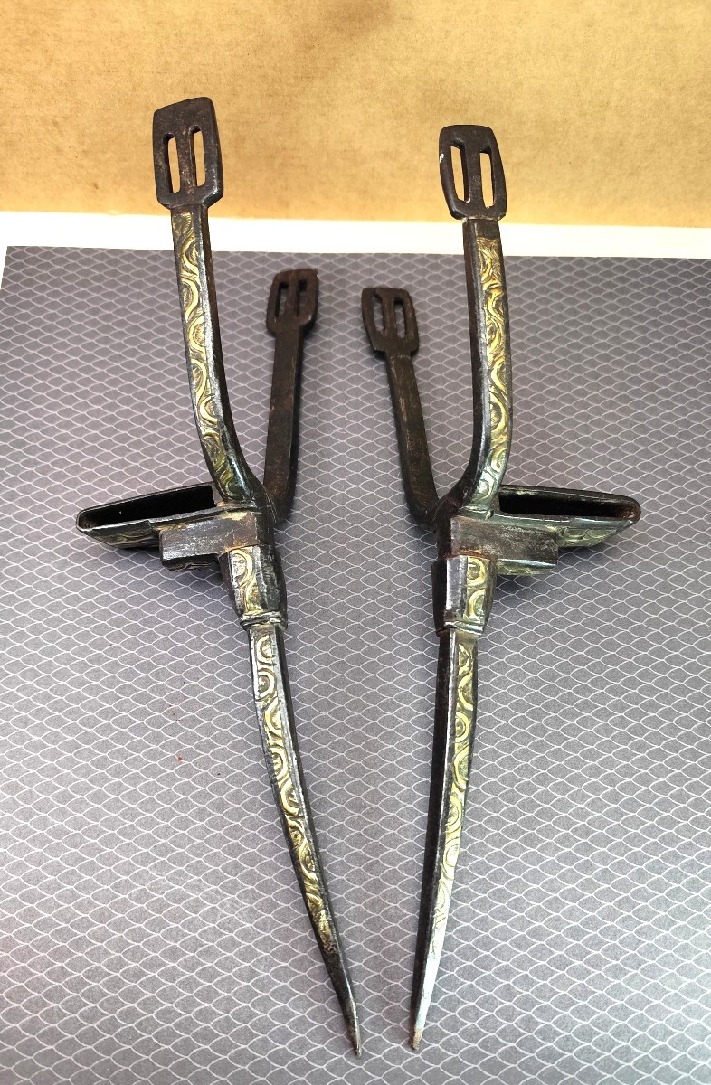 Pair Of Spurs, Fine Arab Damascened Ironwork, 19th Century-photo-2