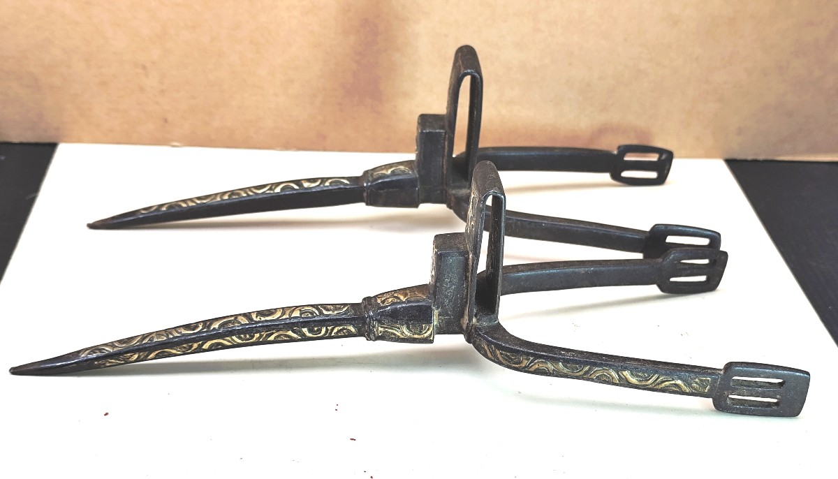 Pair Of Spurs, Fine Arab Damascened Ironwork, 19th Century-photo-2