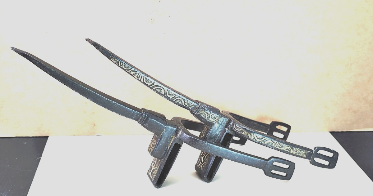 Pair Of Spurs, Fine Arab Damascened Ironwork, 19th Century